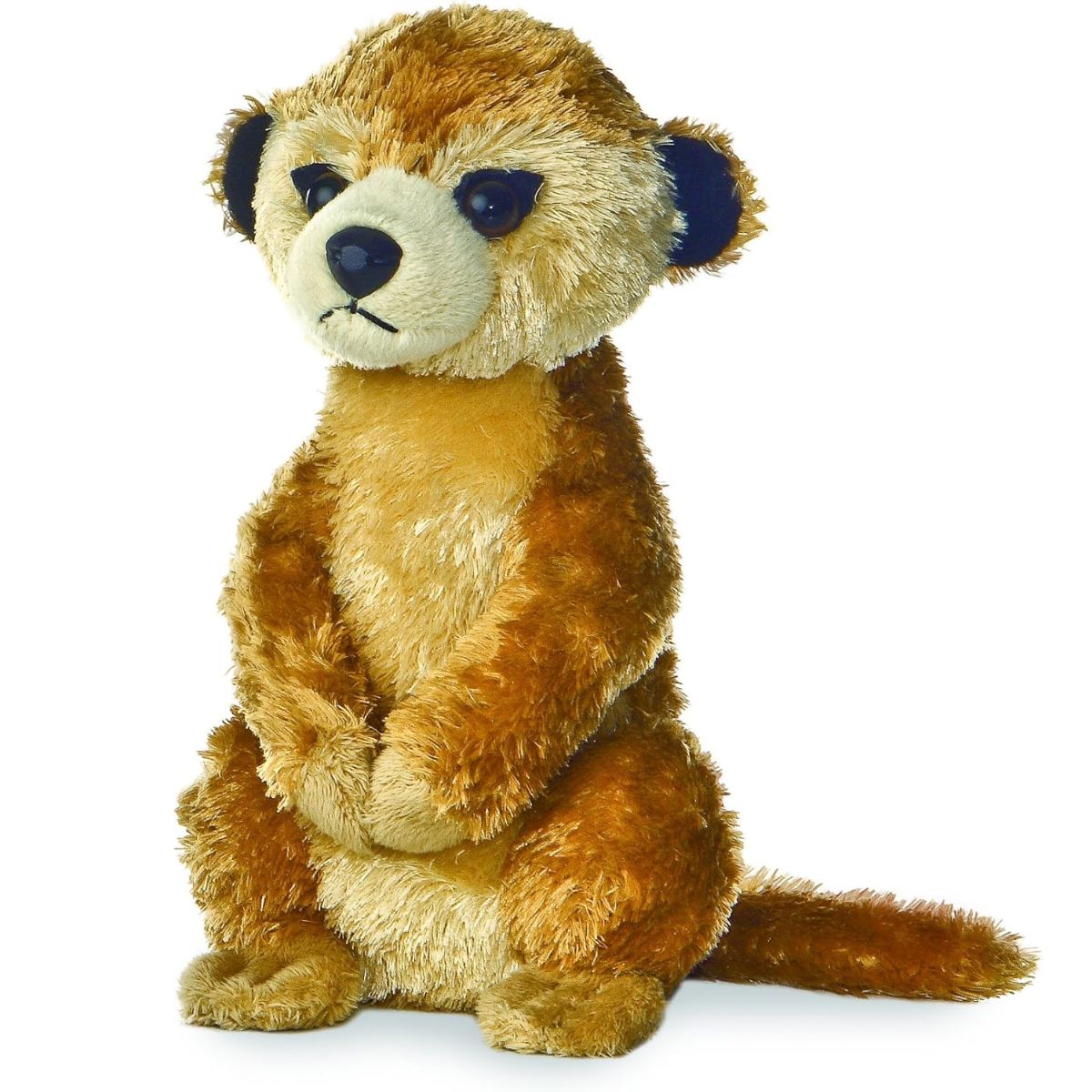 Angled view of the Aurora Mini Flopsie 8-inch Meerkat plush sitting upright with its paws folded on its belly.
