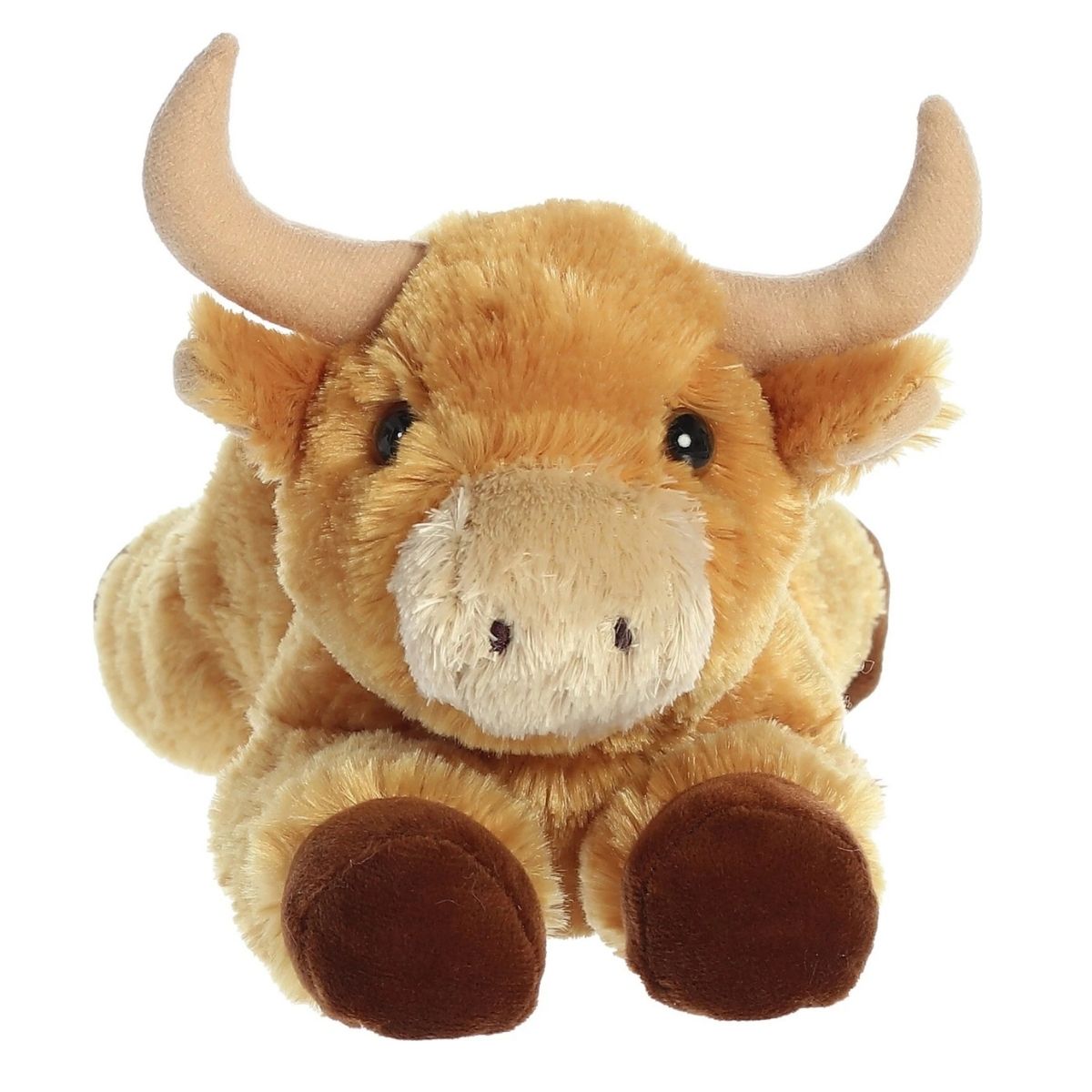 Front view of the adorable Aurora Longhorn stuffed animal featuring a sweet face, light tan muzzle, dark eyes, and soft horns.