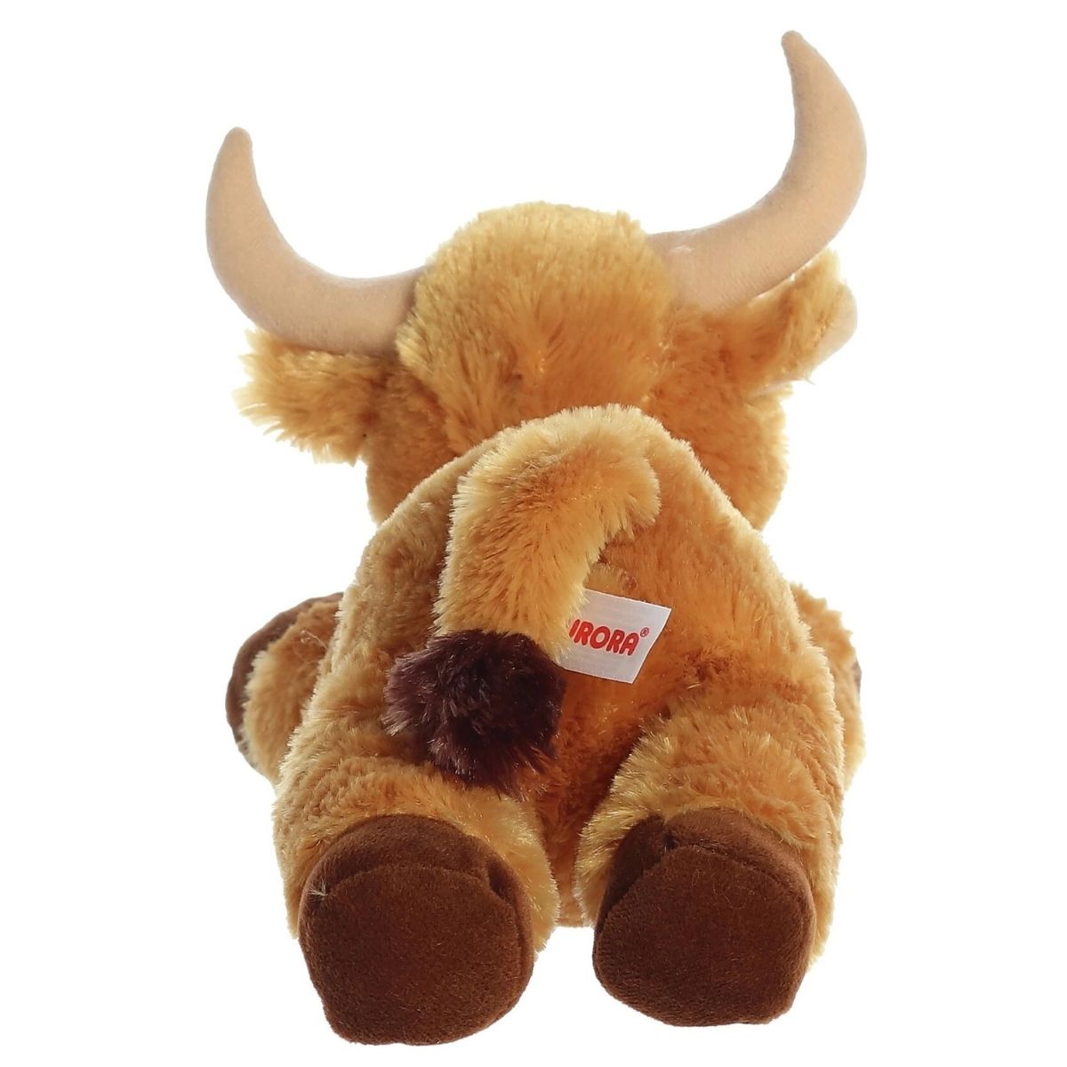 Back view of the Mini Flopsie Longhorn plush toy highlighting its floppy hind legs and fuzzy dark brown tail tuft.