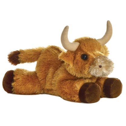 Angled view of the Aurora Mini Flopsie 8-inch Longhorn Toro plush showing its golden-brown fur, curved horns, and dark brown hooves.
