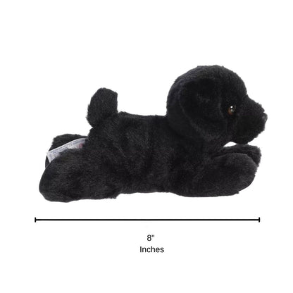 Side profile view of the Blackie dog plush resting on its tummy with a measurement graphic indicating it is 8 inches long.