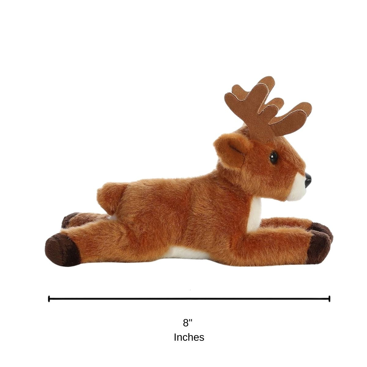 Side profile view of the deer plush resting on its tummy with a measurement graphic indicating it is 8 inches long.
