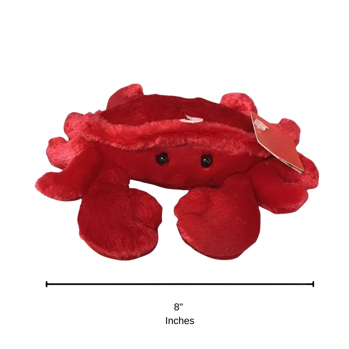 Front view of the crab plush resting on its tummy with a measurement graphic indicating it is 8 inches wide.