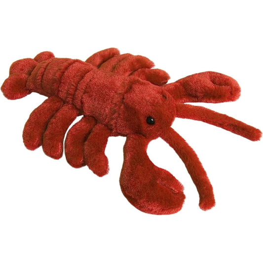 Angled view of the Aurora Mini Flopsie 8-inch Lobster plush showing its red body, tail, and soft claws.