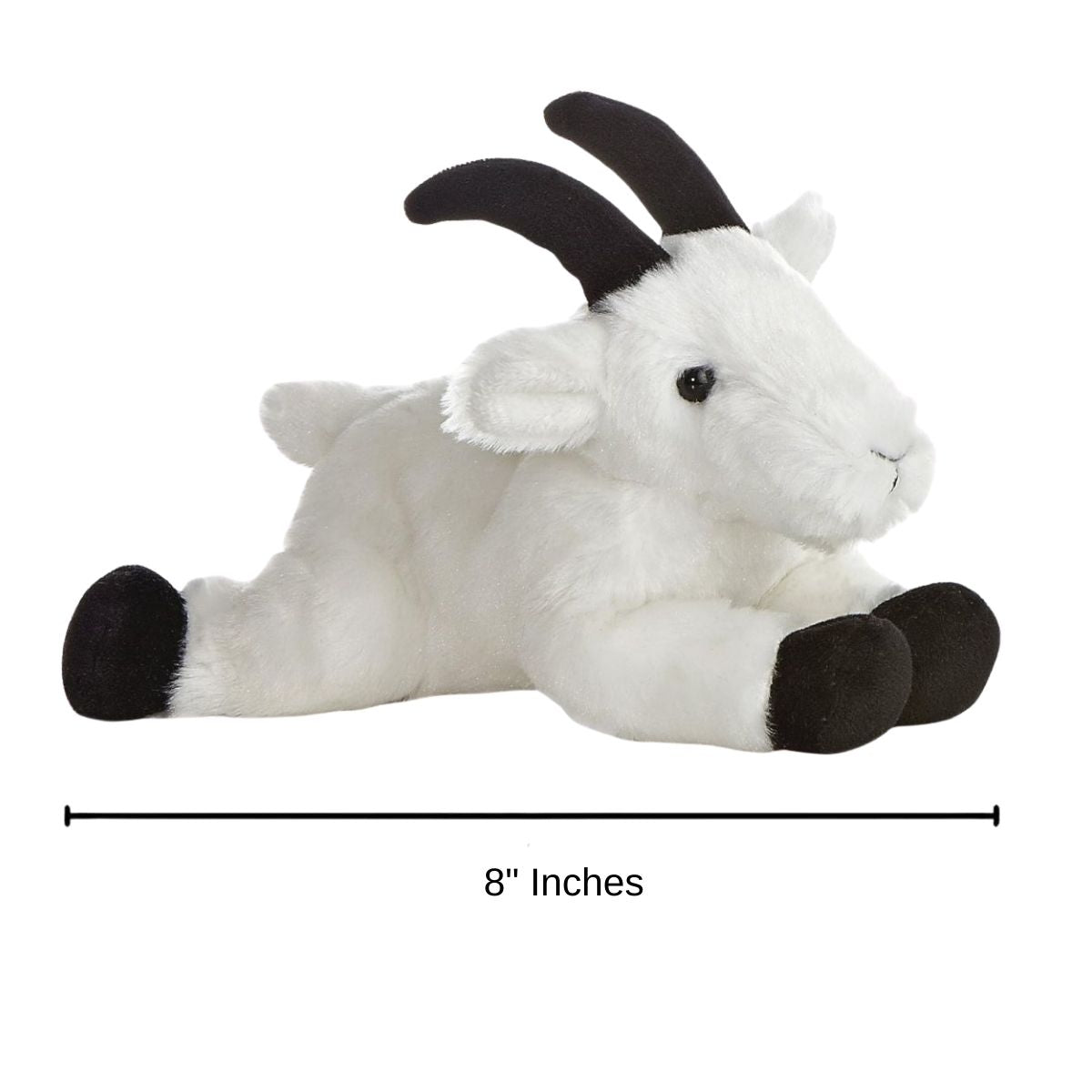 Side profile view of the Aurora Mini Flopsie Rocky Mountain Goat plush with a measurement graphic indicating it is 8 inches long.