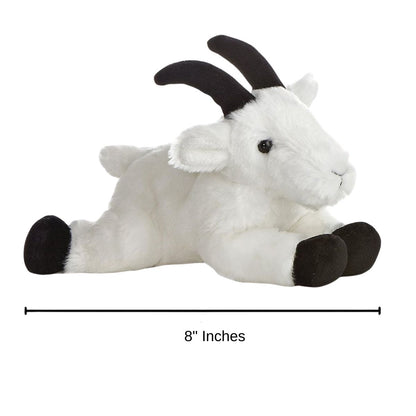 Side profile view of the Aurora Mini Flopsie Rocky Mountain Goat plush with a measurement graphic indicating it is 8 inches long.