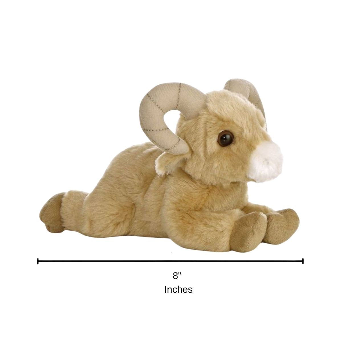 Full side profile of the resting bighorn sheep plush with a dimension line indicating its 8-inch length.