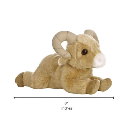 Full side profile of the resting bighorn sheep plush with a dimension line indicating its 8-inch length.