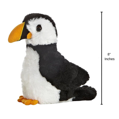 Side profile of the Aurora Mini Flopsie puffin plush with a dimension line indicating its 8-inch height.