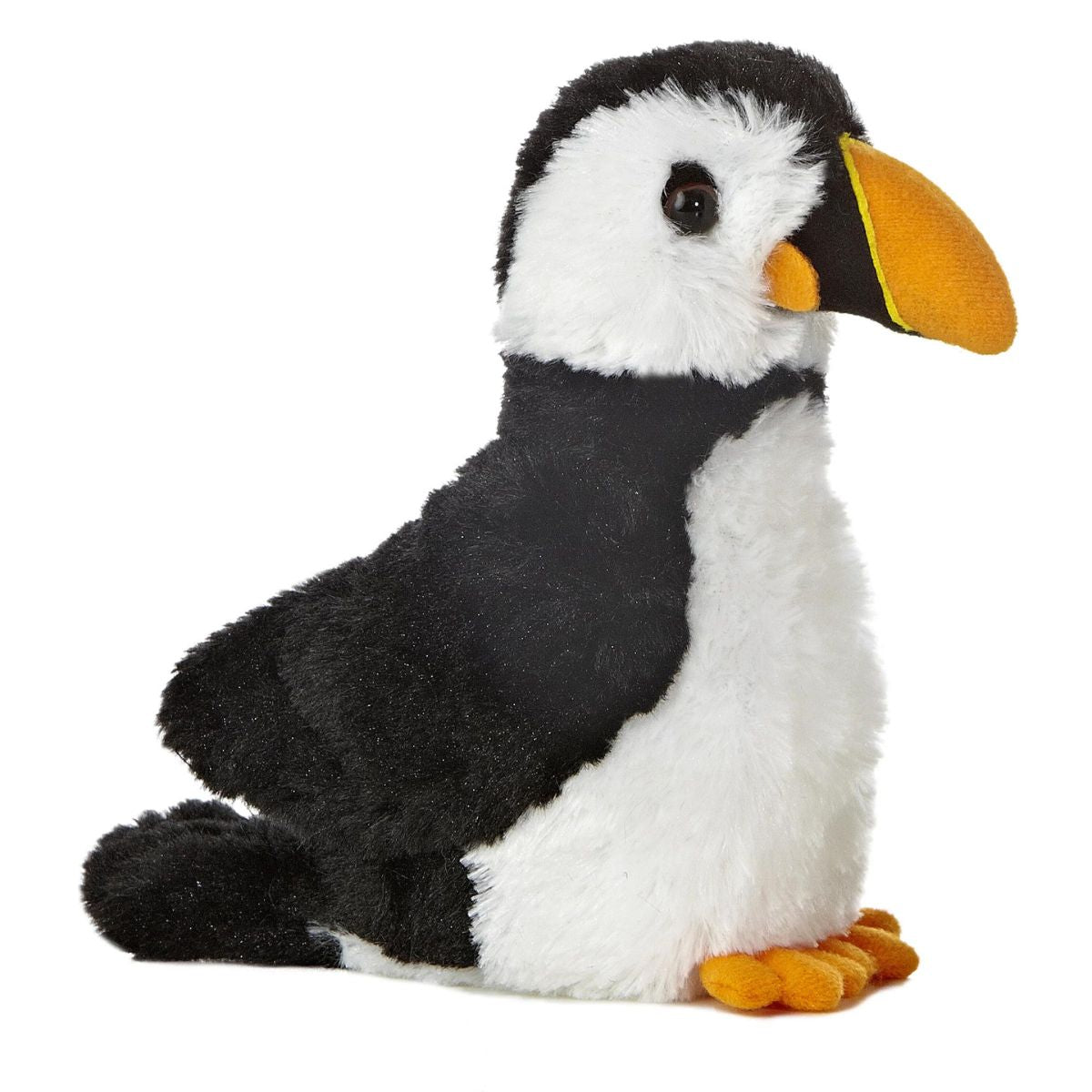 Side view of the Aurora Mini Flopsie Puffin Bird 8-inch plush sitting upright, featuring black and white plumage and a colorful orange beak.