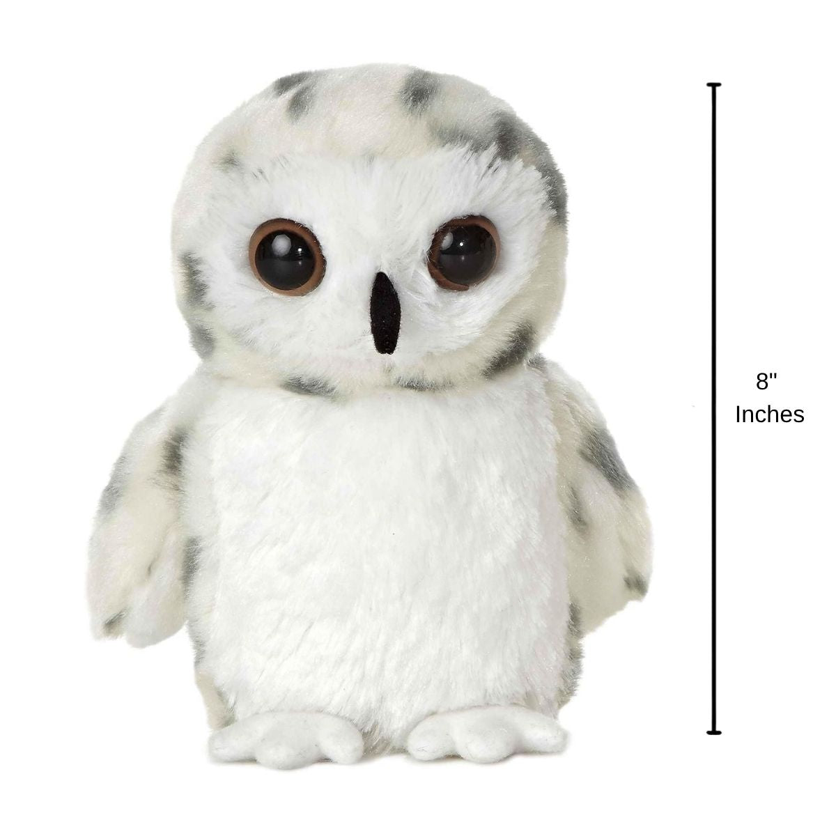 Rear profile view of the white and grey spotted owl plush standing upright with a dimension line indicating its 8-inch height.