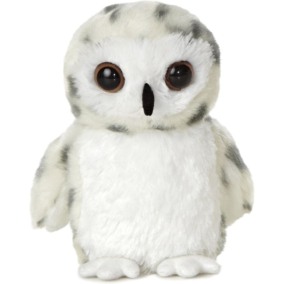 Straight-on front view of the Aurora Mini Flopsie Snowy Owl 8-inch plush highlighting its large amber eyes and black beak.