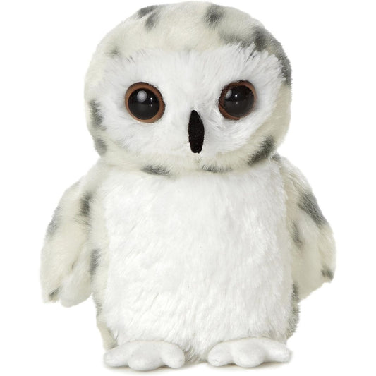 Straight-on front view of the Aurora Mini Flopsie Snowy Owl 8-inch plush highlighting its large amber eyes and black beak.