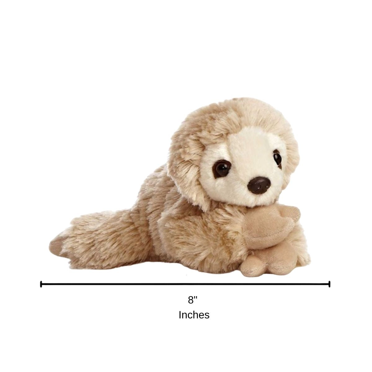 Full side profile of the resting tan sloth plush with a dimension line indicating its 8-inch length.