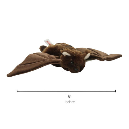 Angled front view of the flying bat plush resting on its tummy with a measurement graphic indicating it is 8 inches wide.
