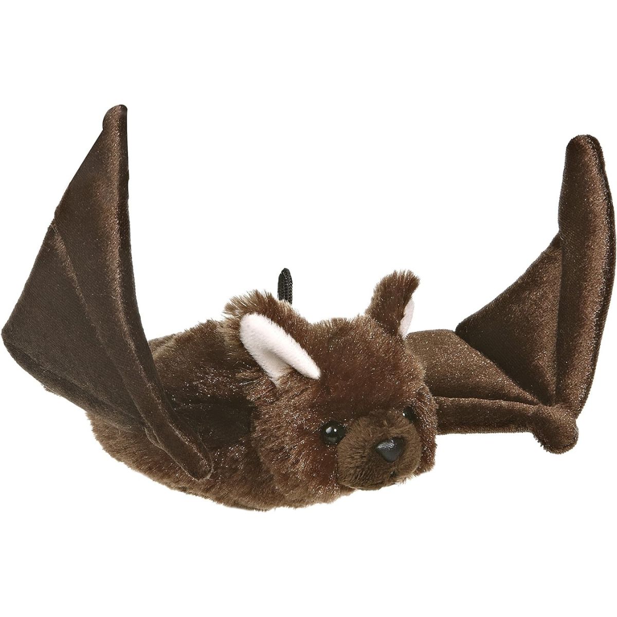 Angled front view of the 8-inch Aurora Mini Flopsie Flying Bat stuffed animal, showing its fuzzy brown body, white inner ears, and outstretched wings.