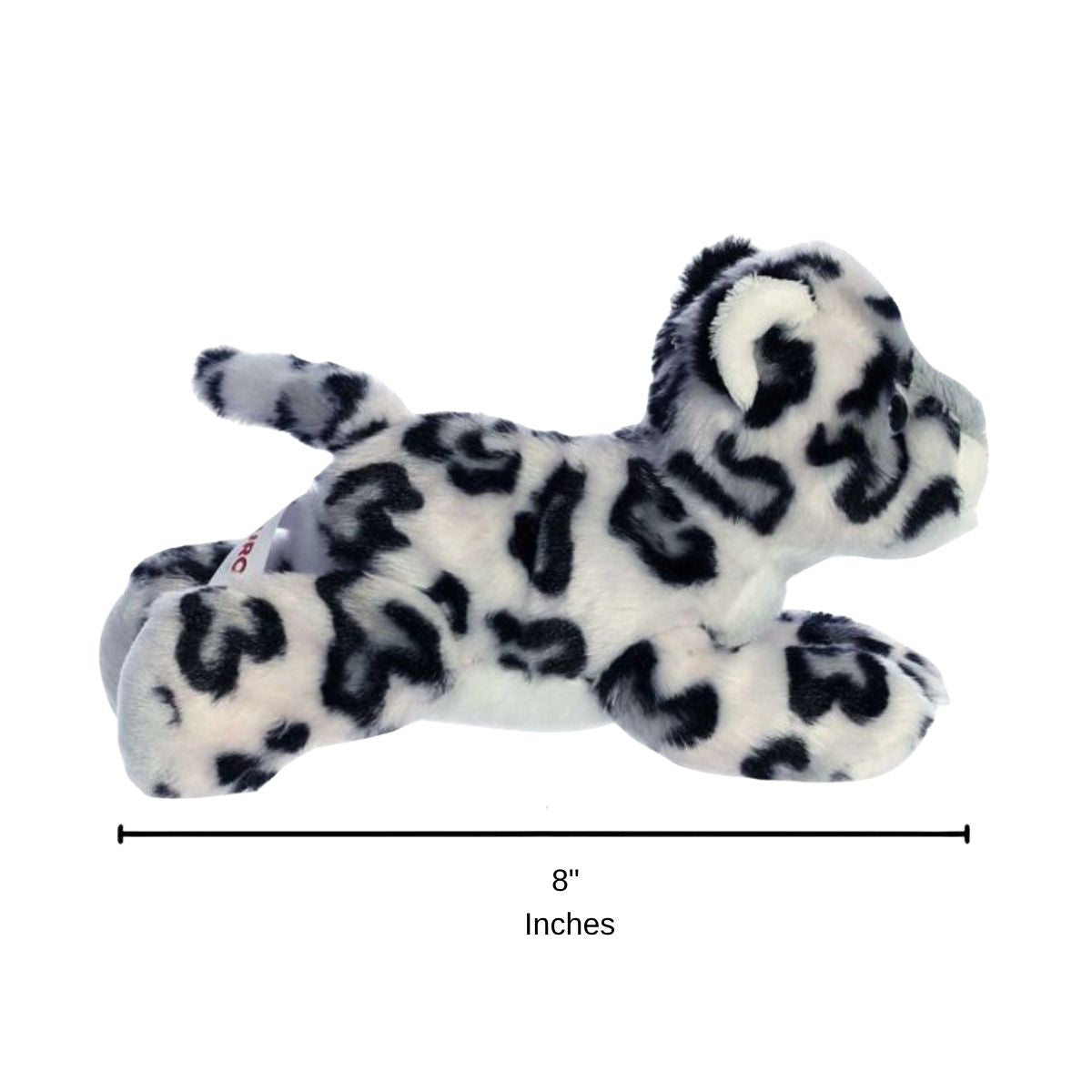 Full side profile of the resting snow leopard plush with a dimension line indicating its 8-inch length.
