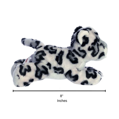 Full side profile of the resting snow leopard plush with a dimension line indicating its 8-inch length.
