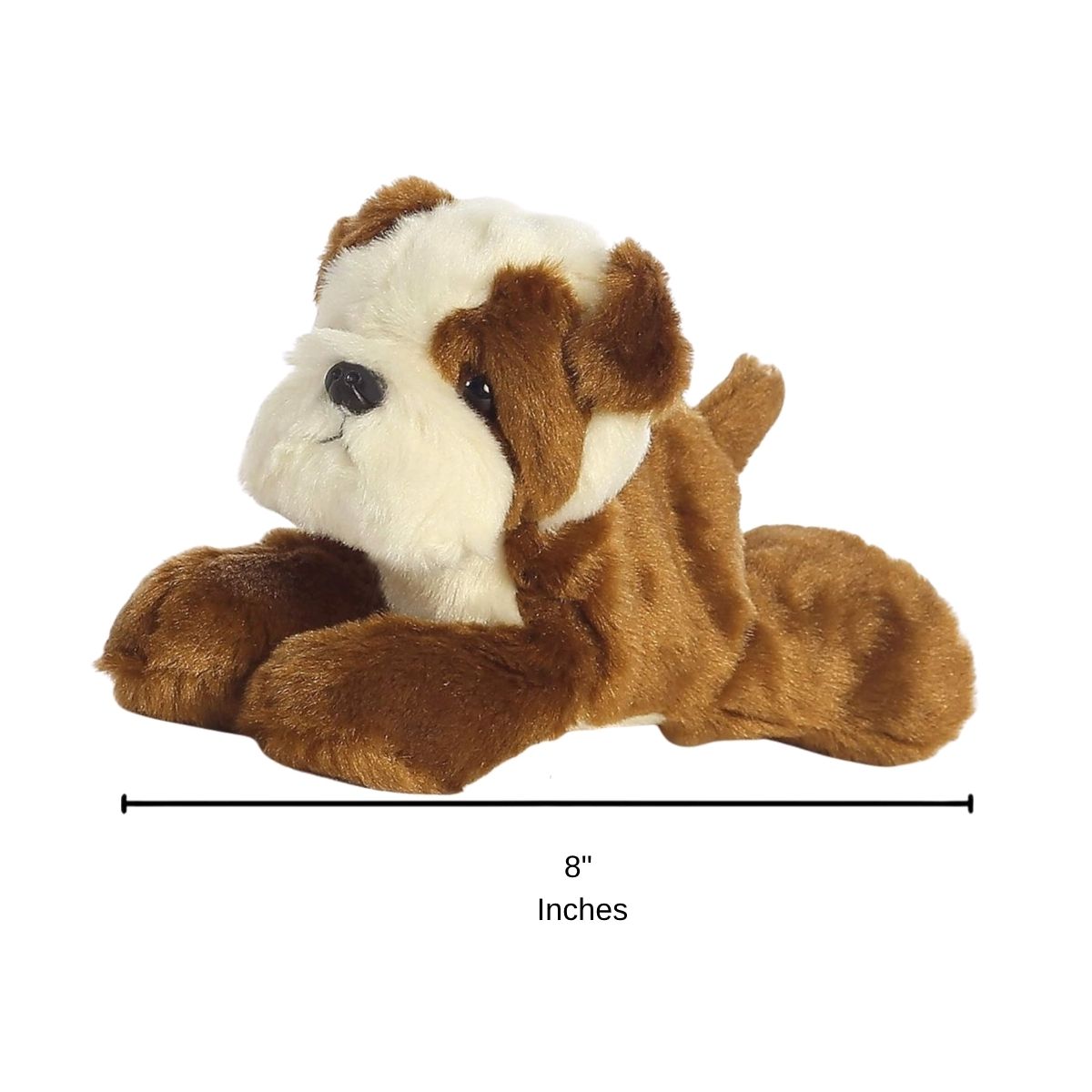 Full side profile view of the resting brown and white bulldog puppy plush with a dimension line indicating its 8-inch length.