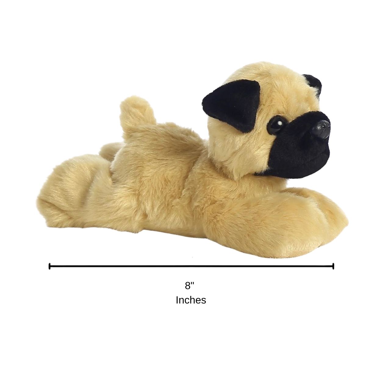 Side profile of the Mr. Pugster plush with a dimension line indicating its 8-inch length.