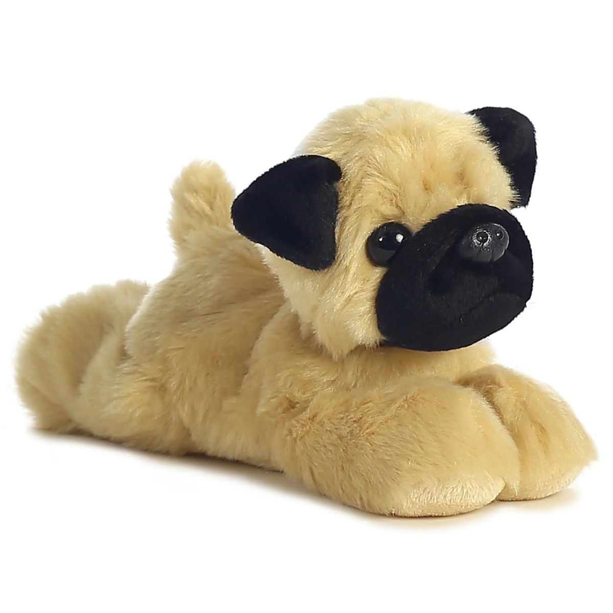 Angled side view of the Aurora Mini Flopsie Mr. Pugster Pug 8-inch plush resting on its belly, featuring fawn fur and a black mask.