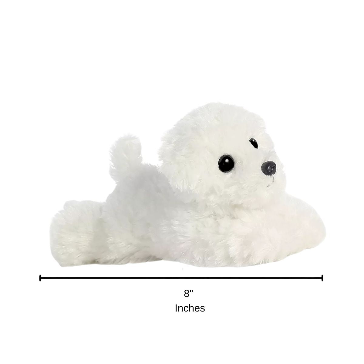 Full side profile of the resting white puppy plush with a dimension line indicating its 8-inch length.