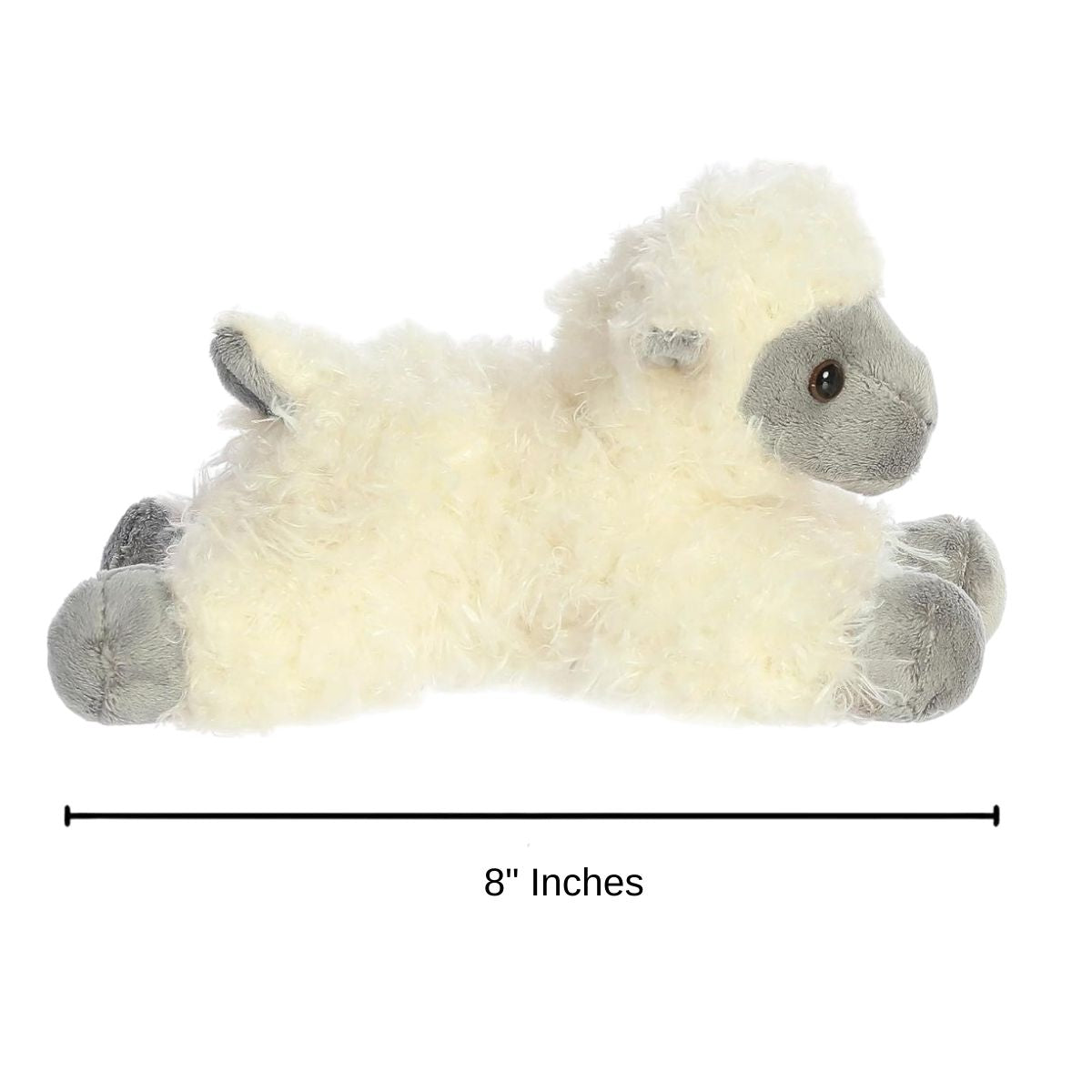 Dimension graphic showing the Aurora Mini Flopsie Black Face Sheep lying down with a measurement line indicating it is 8 inches long.