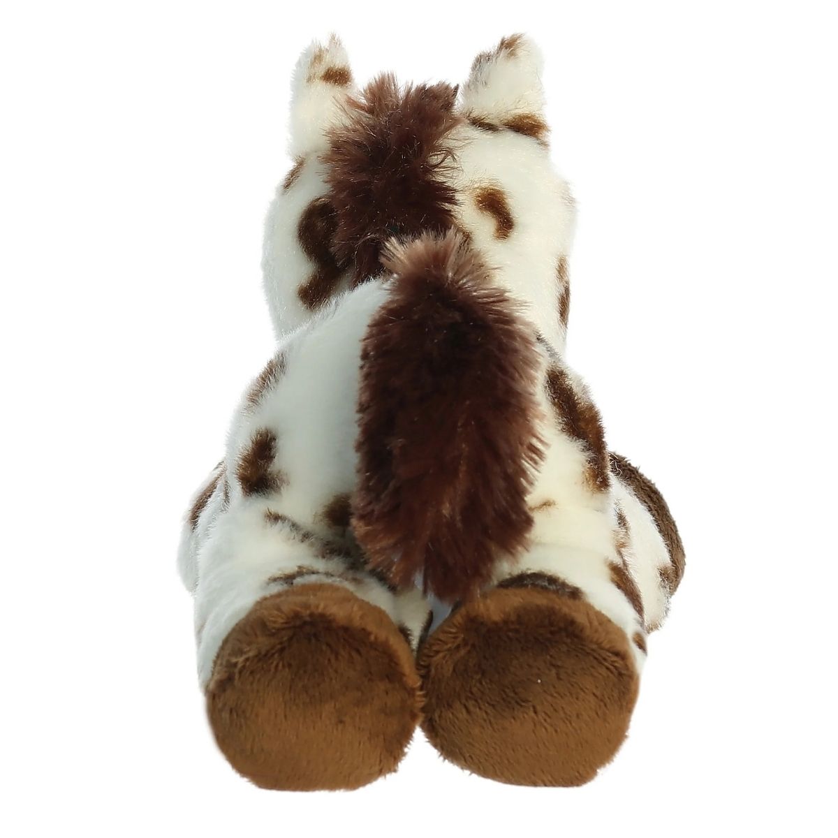 Direct back view of the cuddly horse stuffed animal highlighting its fluffy dark brown tail.