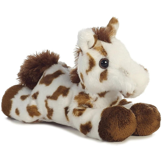 Angled front view of the 8-inch Aurora Mini Flopsie Gypsy Horse stuffed animal lying down with brown and white spots.