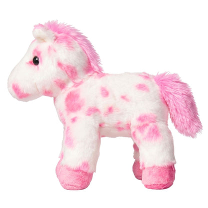 Full side profile view of the pink and white spotted horse stuffed animal standing up, highlighting its fluffy pink tail and soft hooves.
