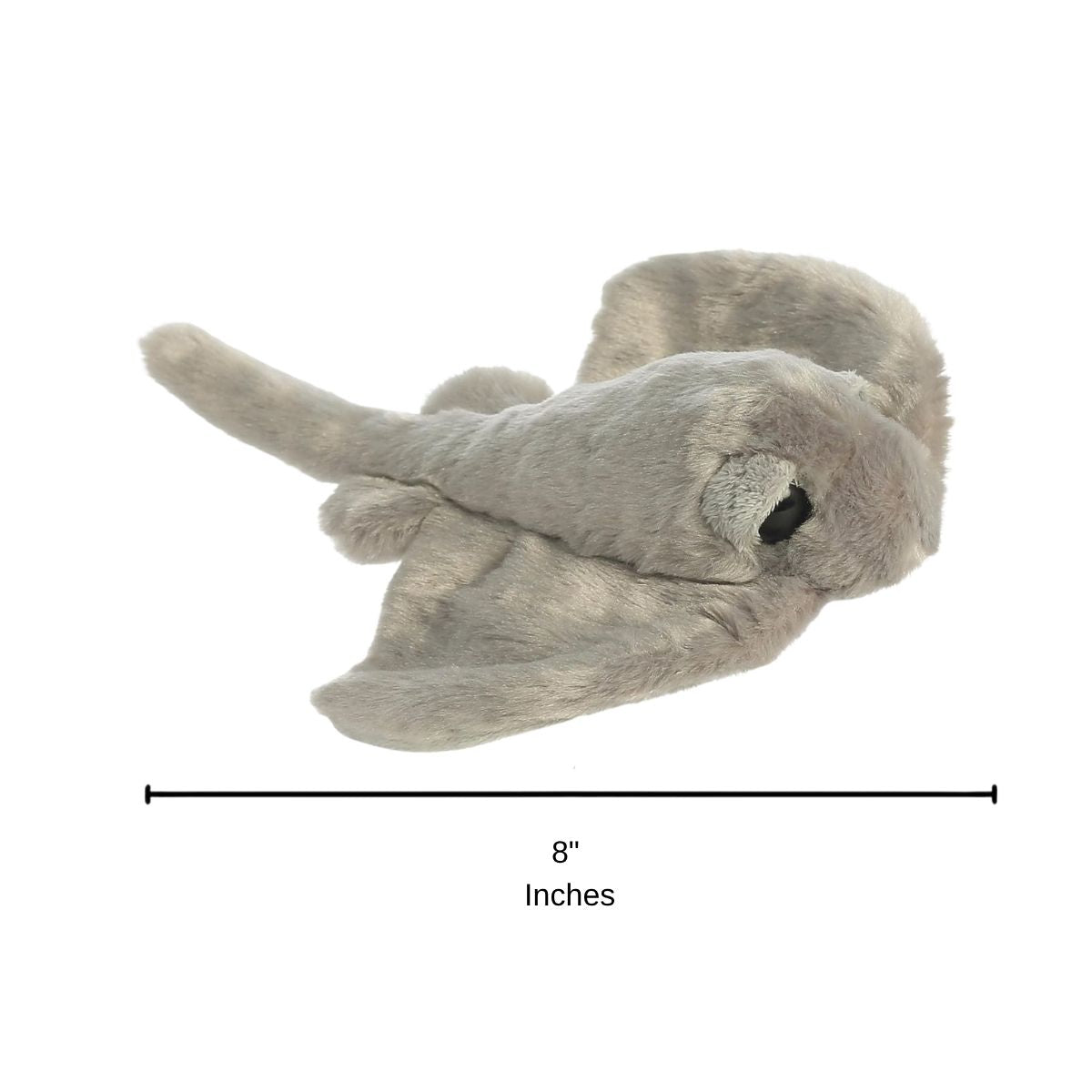 Side profile of the Aurora Mini Flopsie stingray plush with a dimension line indicating its 8-inch length.