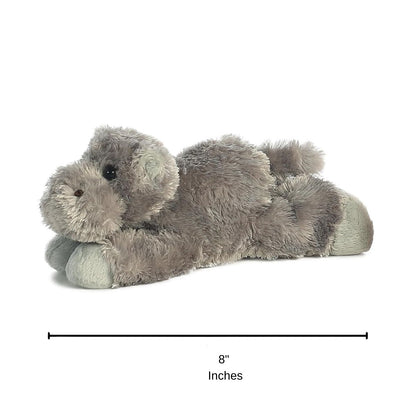 Side profile view of the Howie Hippo plush resting on its tummy with a measurement graphic indicating it is 8 inches long.