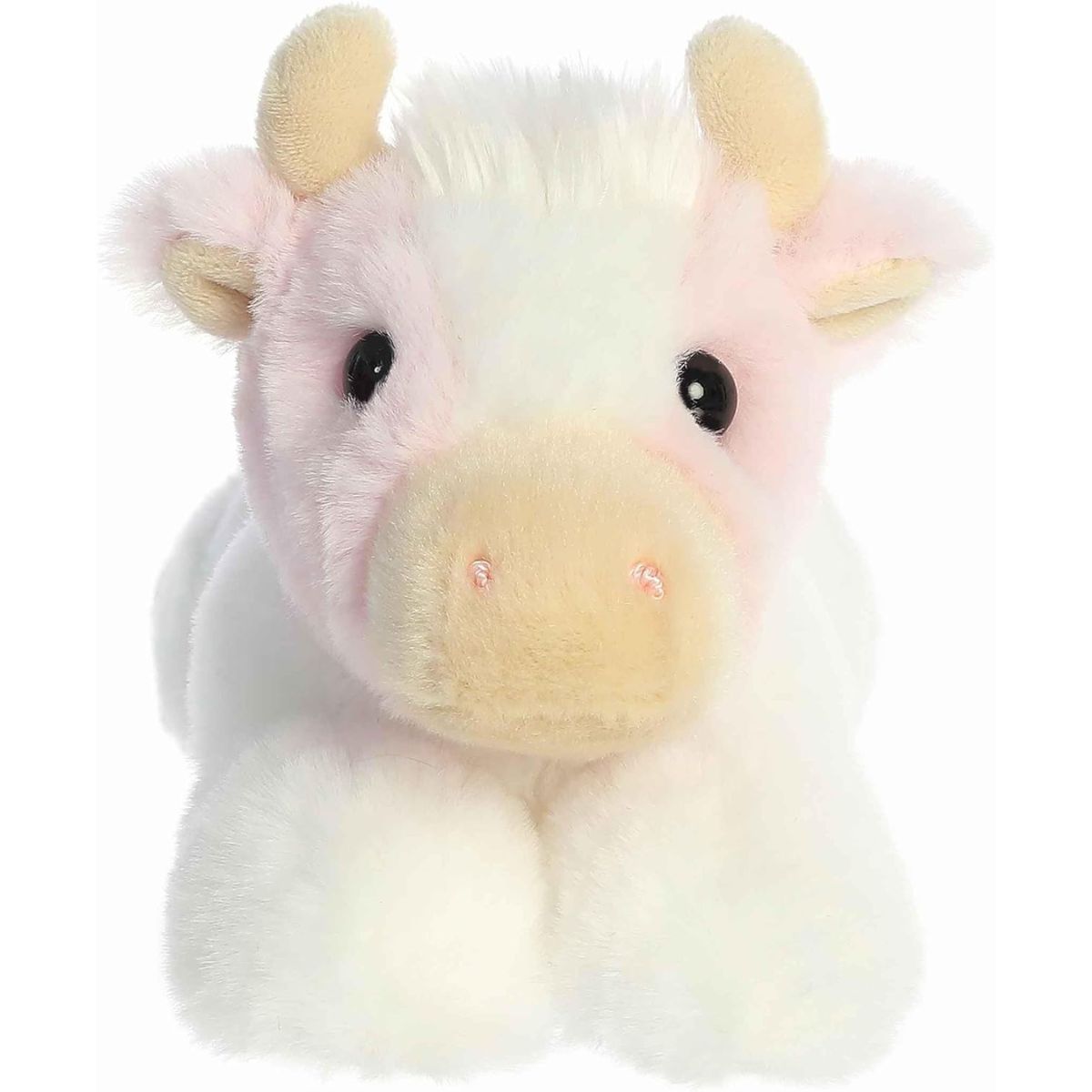 Straight-on front view of the pink and white strawberry cow stuffed animal highlighting its sweet face and tan horns.