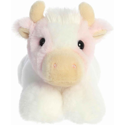Straight-on front view of the pink and white strawberry cow stuffed animal highlighting its sweet face and tan horns.