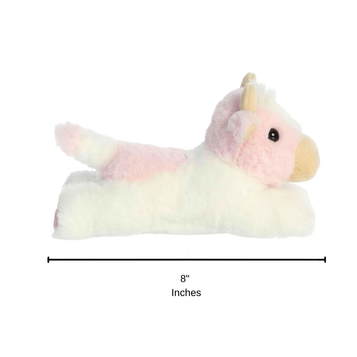Side profile of the Sadie Strawberry Cow plush with a dimension line indicating its 8-inch length.