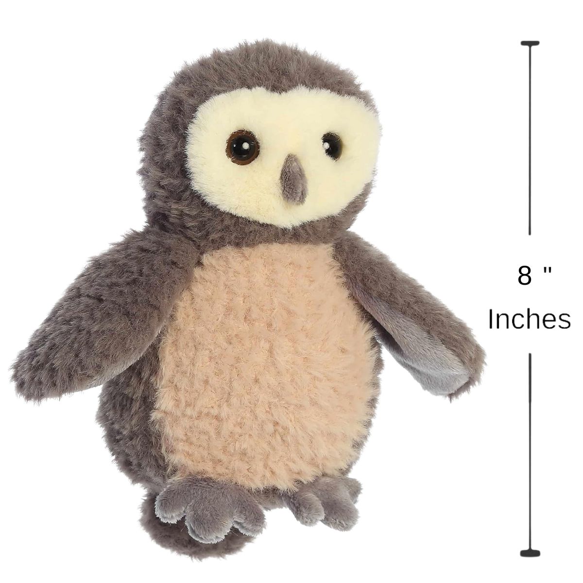 Sizing graphic for the Aurora Mini Flopsie Woodland Babies Owlet plush indicating a total height of 8 inches.