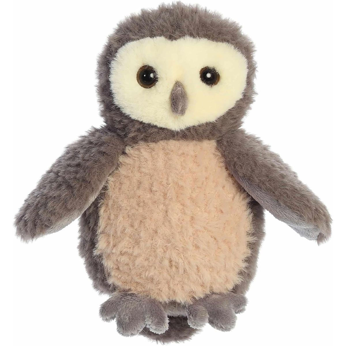 Front view of the Aurora Mini Flopsie 8-inch Woodland Babies Owlet plush sitting upright, showing its brown wings, tan belly, and cream face.