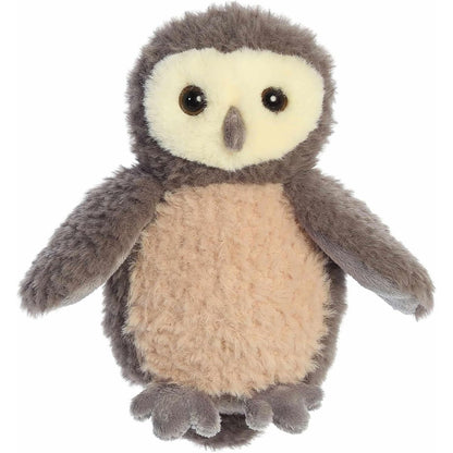 Front view of the Aurora Mini Flopsie 8-inch Woodland Babies Owlet plush sitting upright, showing its brown wings, tan belly, and cream face.