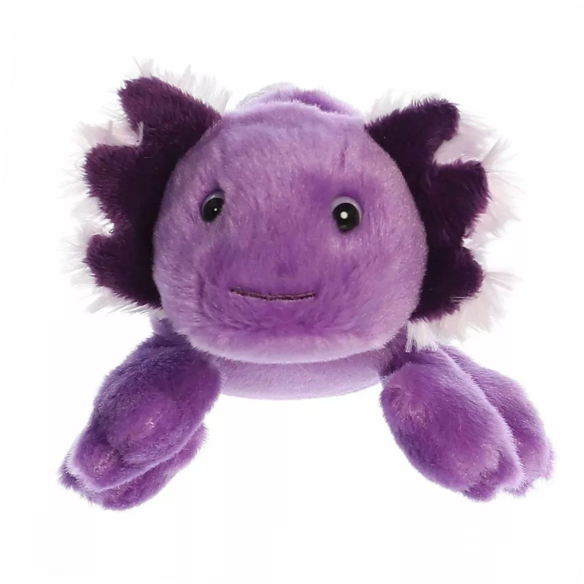 Front view of the Ube Axolotl stuffed animal highlighting its sweet smiling face and dark purple external gills.