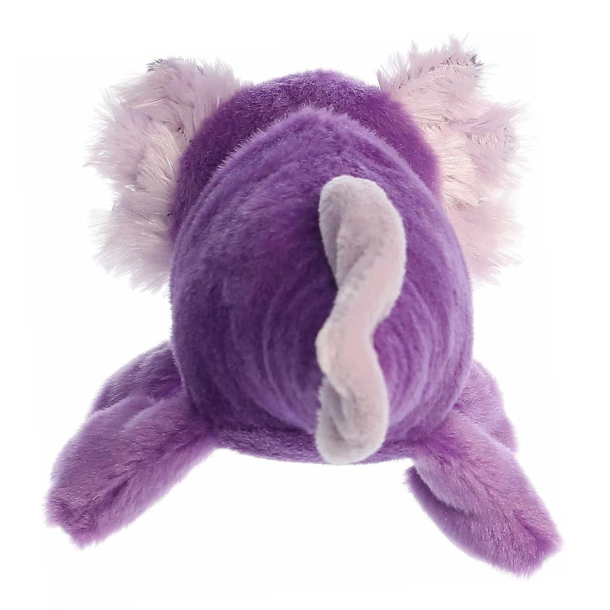 Back view of the purple axolotl plush showing its bean-filled body and light purple dorsal fin tail.