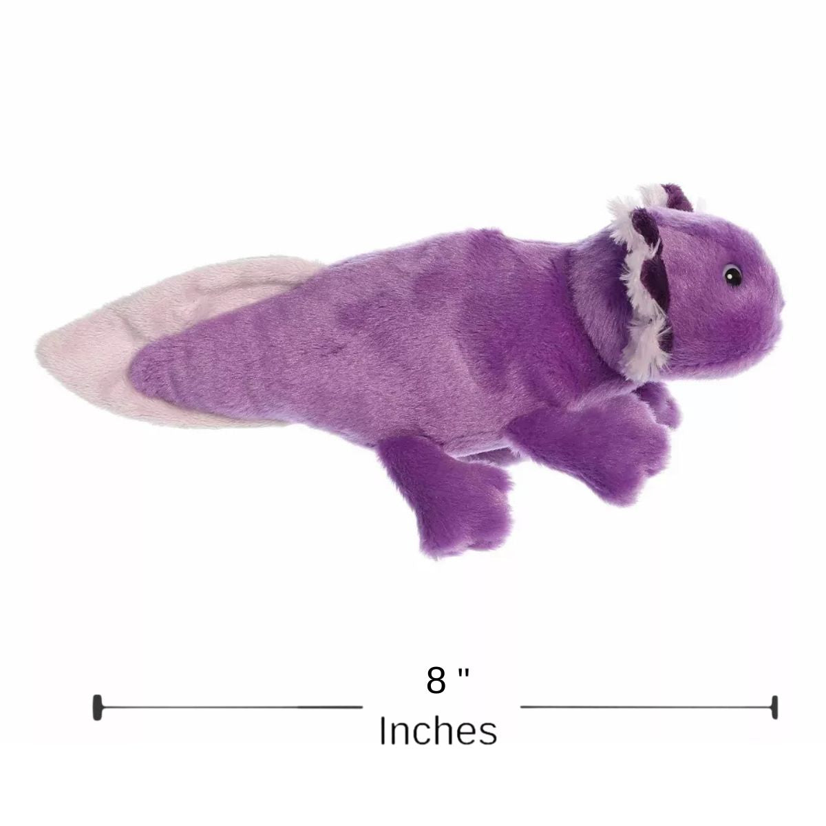 Side profile of the Aurora Mini Flopsie axolotl with a dimension line indicating its 8-inch total length.