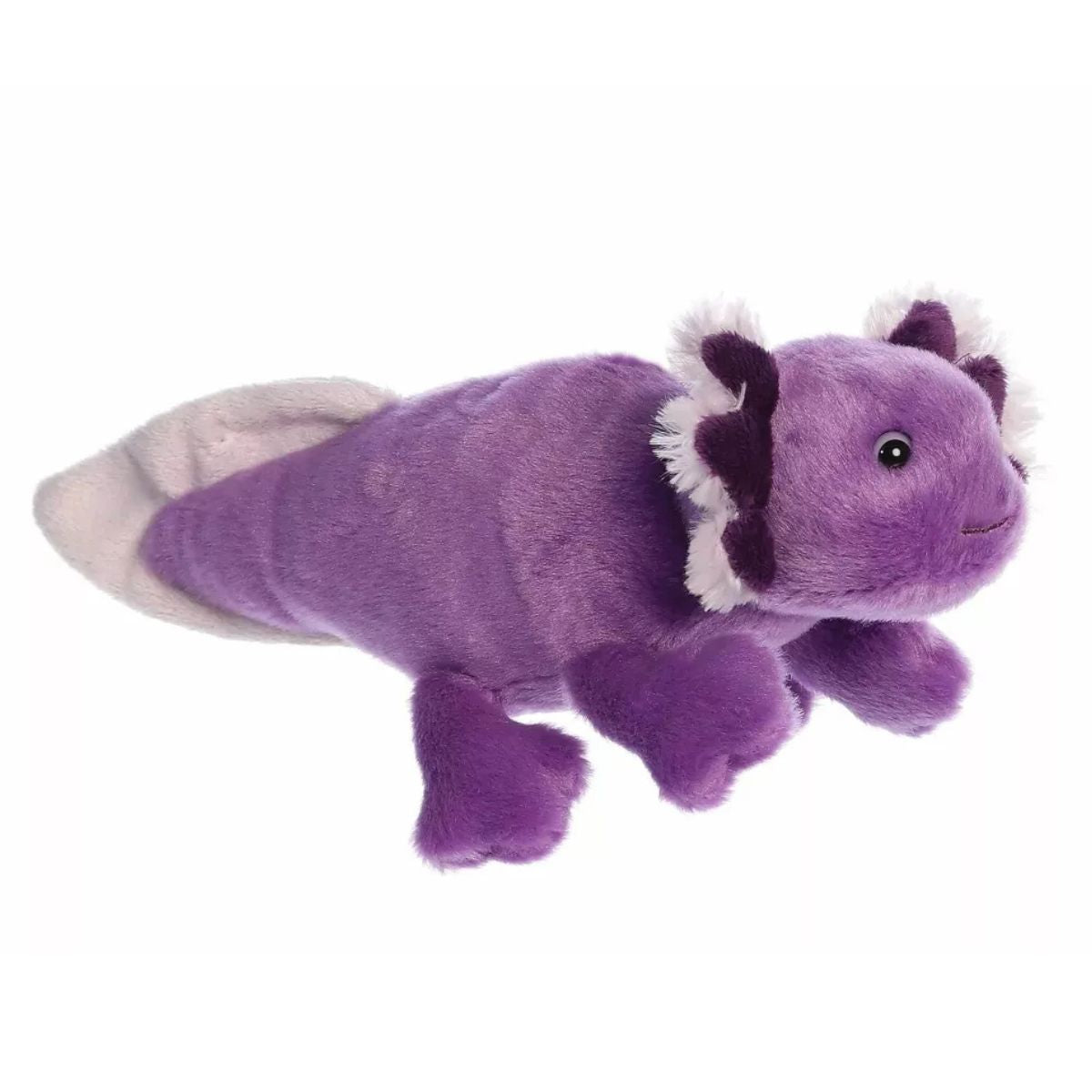 Angled side view of the Aurora Mini Flopsie Ube Axolotl 8-inch plush featuring deep purple fur and white fluffy gills.