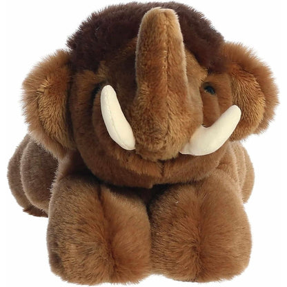 Straight front view of the brown woolly mammoth plush toy highlighting its dark eyes, fuzzy dark brown head tuft, and soft tusks.