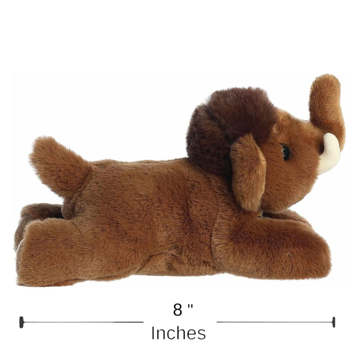 Side profile view of the Aurora Mini Flopsie woolly mammoth plush with a dimension line indicating its 8-inch length.