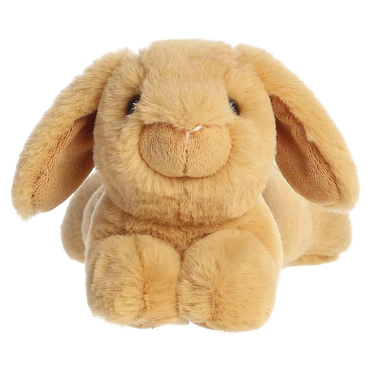 Front face view of the adorable Aurora Biscuit Tan Lop Bunny stuffed animal resting on its front paws, featuring sweet dark eyes and a cute nose.
