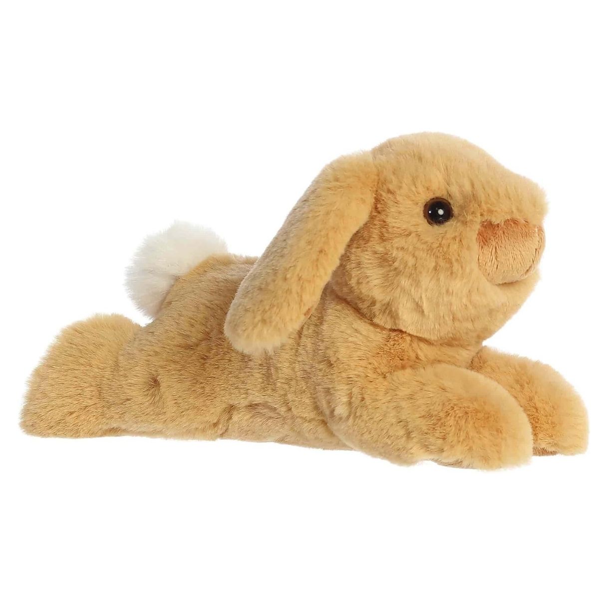 Side profile view of the Flopsie Lop Bunny plush highlighting its perfectly squishy body, relaxed lounging pose, and fluffy white tail.