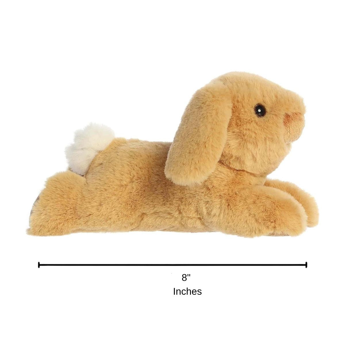 Sizing graphic for the Aurora Flopsie Biscuit Tan Lop Bunny plush showing its full lounging side profile, indicating a total length of 8 inches.
