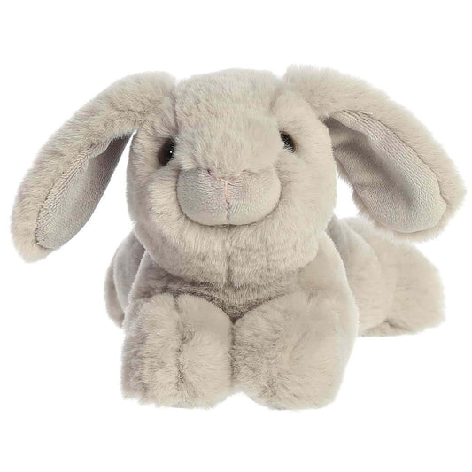 Front face view of the adorable Aurora Dusty Grey Lop Bunny stuffed animal resting on its front paws, featuring sweet dark eyes and a cute nose.