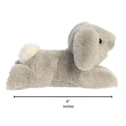 Sizing graphic for the Aurora Flopsie Dusty Grey Lop Bunny plush showing its full lounging side profile, indicating a total length of 8 inches.