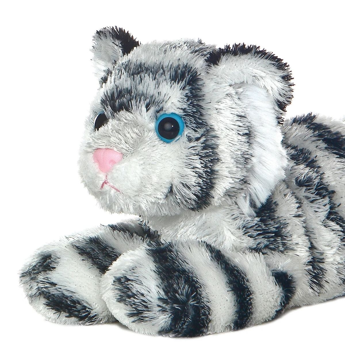 Close-up front view thumbnail of the Shazam white tiger plush highlighting its bright blue safety eyes, pink nose, and soft paws.